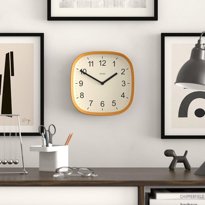 JONES CLOCKS® Sprite wall Clock | Modern Retro Rounded Square Clock | 10" | Mustard Yellow | Easy to Read Numbers | Perfect for Kitchen or Office