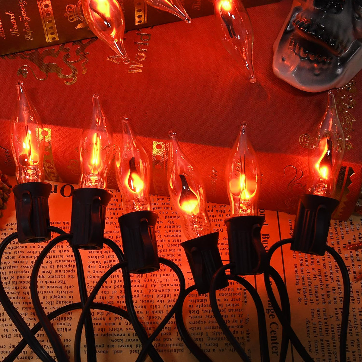 PASUTO 27.8Ft Halloween Decor Lights Flickering Flame String Lights with 25+4...