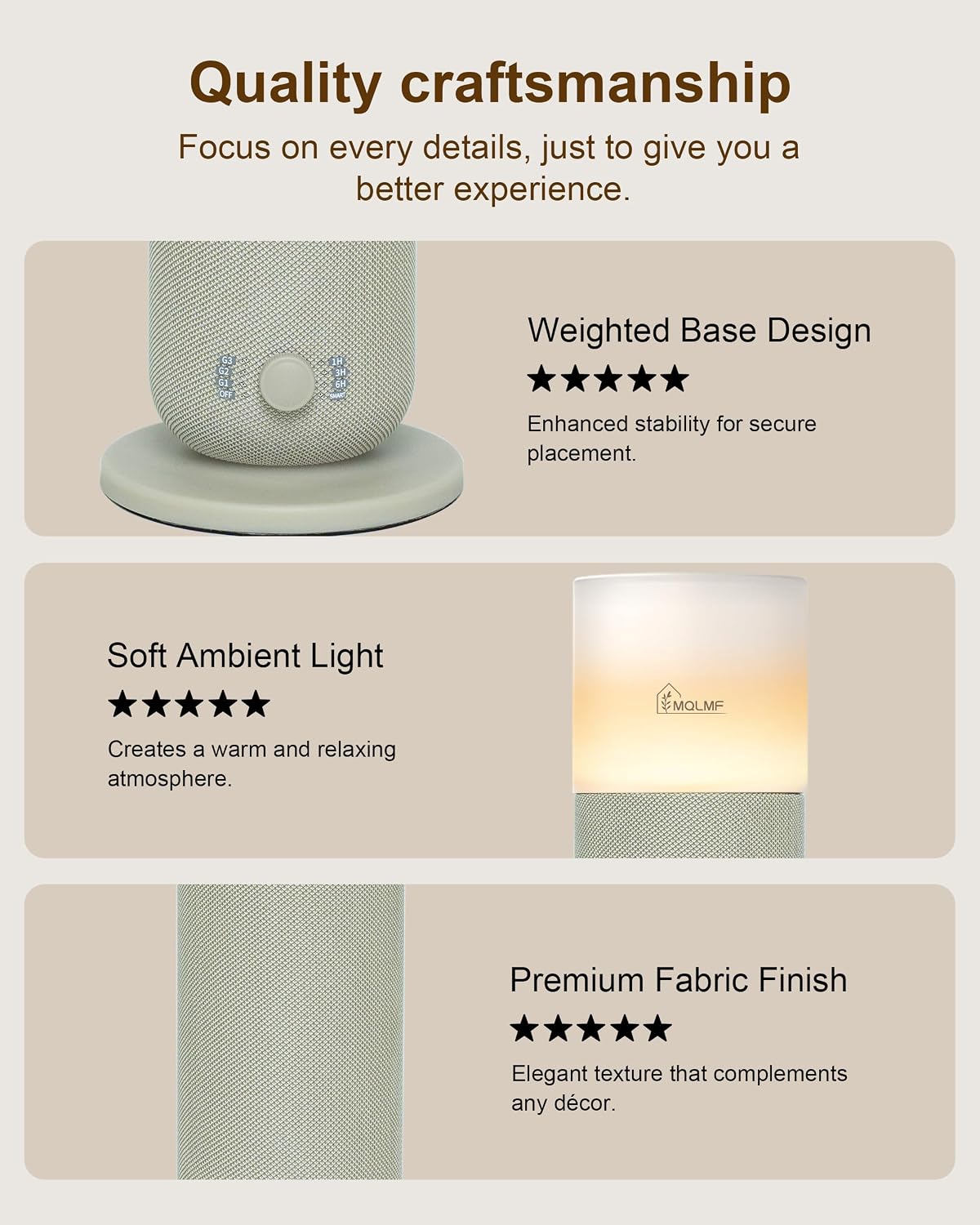 hotel collection diffuser machine,fabric-wrapped design,candlelight atmosphere lamp,1500 sq on a desk or shelf