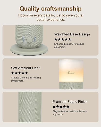 hotel collection diffuser machine,fabric-wrapped design,candlelight atmosphere lamp,1500 sq on a desk or shelf