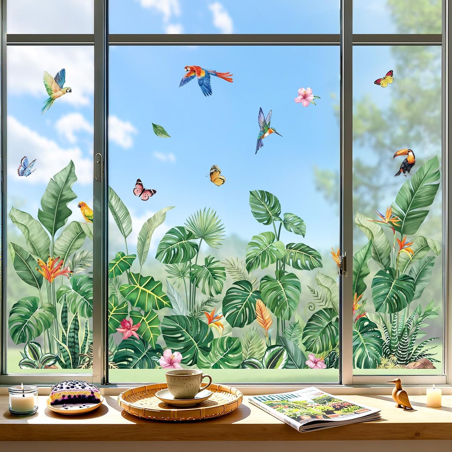 decalmile Window Clings Tropical Leaves Green Reusable Windows Decals