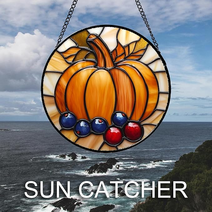 DASTOLL Stained Glass Window Hanging Fall Pumpkin Berries 9.8" - Image 2