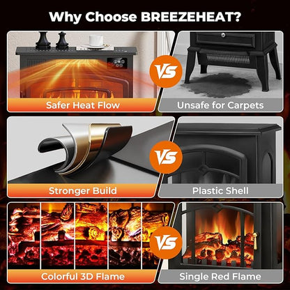 BREEZEHEAT Electric Fireplace Stove-Freestanding Fireplace Heater w/ 3D Flame - Image 8