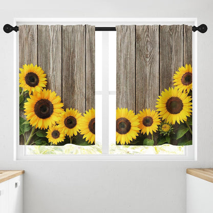 Sunflower Kitchen Curtains 36 Inch Length Farmhouse Window Short Tier Curtains Over Sink Set of 2, Wooden Board Flower Summer Vintage Small Kitchen Decor 26x36 Inch