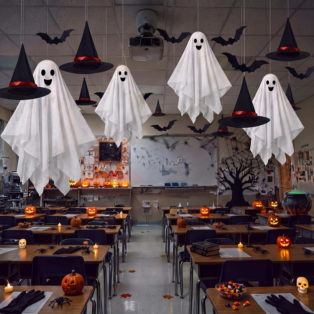 VioraWhite 23 Pcs Halloween Classroom Decorations Ghost Garland Honeycomb
