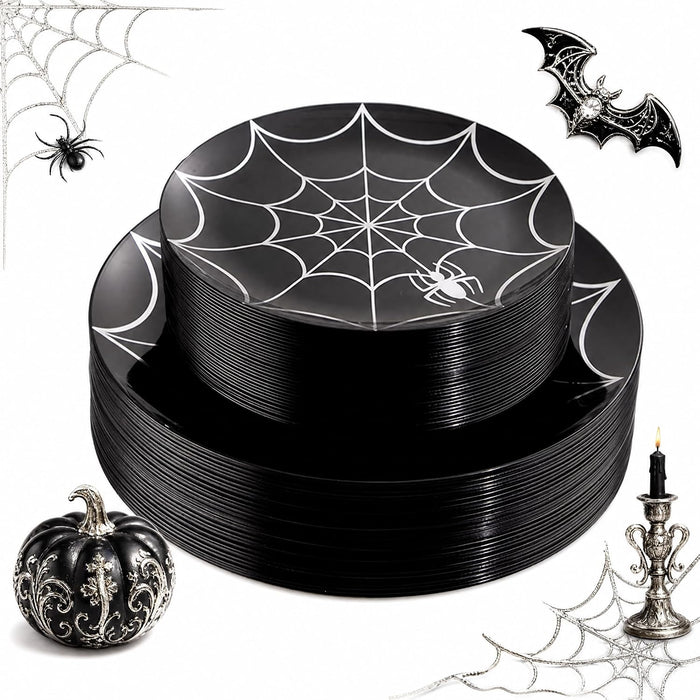 NOCCUR 60PCS Halloween Plastic Plates - 30 Black Dinner/Dessert Plates - Ideal for Halloween Party
