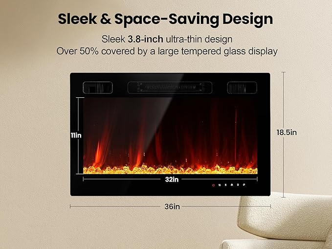Electric Fireplace Insert 36" Realsmart 1500W Wall Mounted Fireplaces Recessed - Image 7