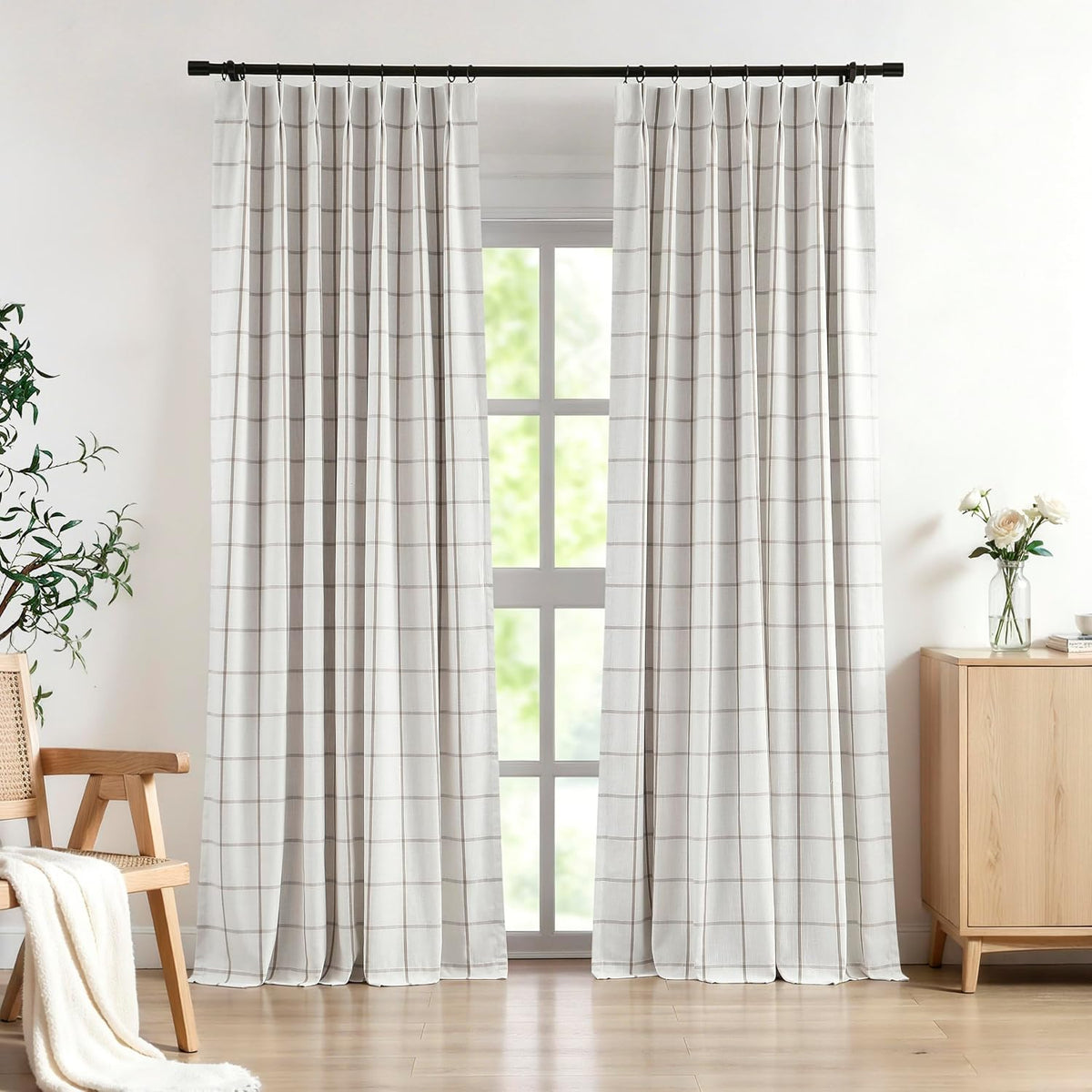 Vision Home Tan Plaid Linen Pinch Pleated Full Tanout Curtains Checkered Thermal Insulated Window Panels 90 inch for Bedroom Living Room Light Blocking Rustic Pleat Drapes with Hooks 40" Wx90 Lx2