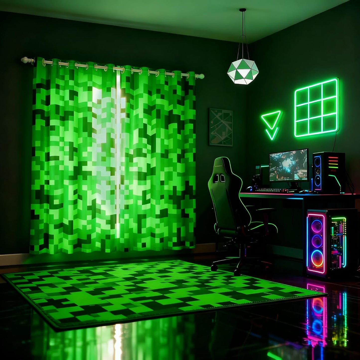 Green Pixelated Miners Curtains for Boys Kid Teens Bedroom Decor,Video Games Window Curtain,Cartoon Gamepad Blackout Window Treatment Curtain Modern Geometric Check Window Drapes,2 Panels,42Wx90L