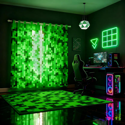 Green Pixelated Miners Curtains for Boys Kid Teens Bedroom Decor,Video Games Window Curtain,Cartoon Gamepad Blackout Window Treatment Curtain Modern Geometric Check Window Drapes,2 Panels,42Wx90L