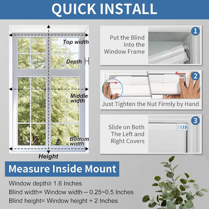 Custom Dual Tension Rod Blinds No Drill Cellular Shades for Indoor Windows | 1.5" Cell | Minimal Light Leak | No drill Installation | Insulation | Noise Reduced | White | 19"W x 34"H | Light Filtering