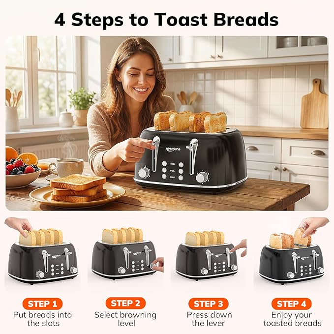 Keenstone Toaster 4 Slice, Retro Stainless Steel Wide Slot Toaster - Image 7