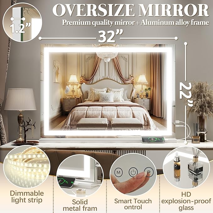 FENNIO Vanity Mirror with Lights 32"x22", Lighted Makeup Mirror, Large Vanity - Image 5