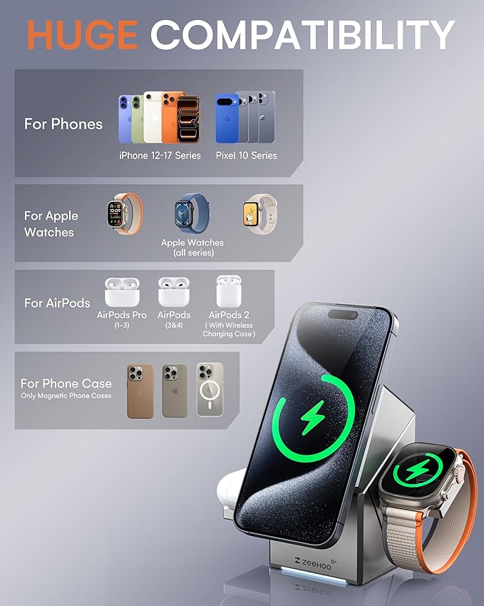 ZEEHOO 3 in 1 Charging Station for Apple, iPhone Mag-Safe Charger, Qi2 Certified - Image 5