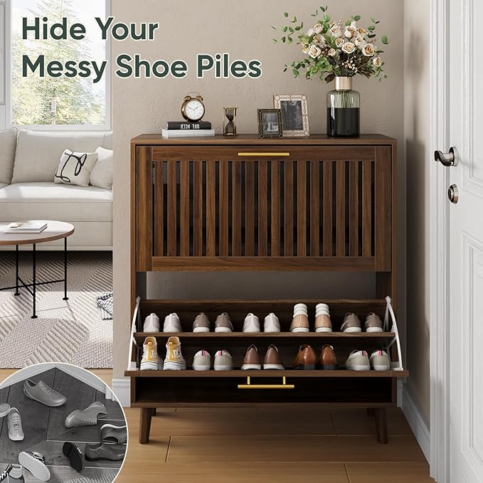 Shoe Storage Cabinet with 2 Flip Slatted Drawers, Narrow Wood Shoe Cabinet with - Image 5