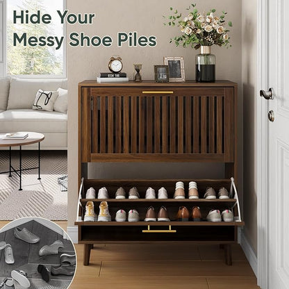 Shoe Storage Cabinet with 2 Flip Slatted Drawers, Narrow Wood Shoe Cabinet with - Image 5