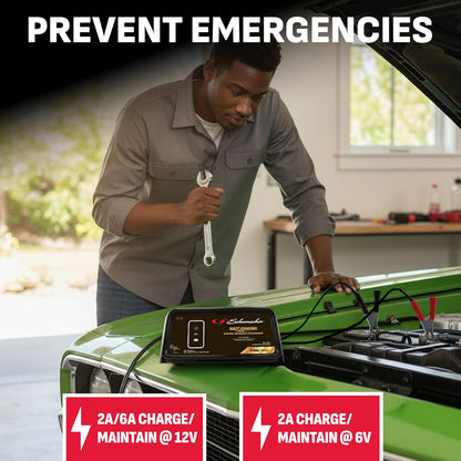 schumacher electric 6a car battery charger & maintainer shown in use