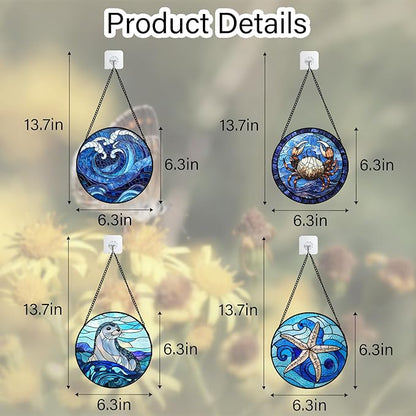 DASTOLL Stained Glass Window Hanging 4 Pcs Set Blue Ocean Waves 6.3" - Image 6