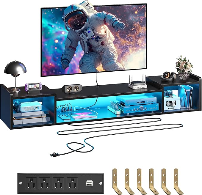 70.9"W Floating TV Stand with LED Lights & Power Outlets by Romorgniz