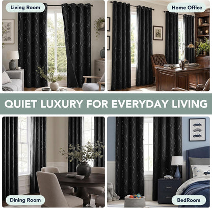 Deconovo 100% Blackout Living Room Curtains 84 Inches Long, Black Backing | Silver Line Foil Pattern Drapes, Thermal Insulated, Room Darkening, Grommet, 2 Panels Set, Black, 52 x 84 Inch