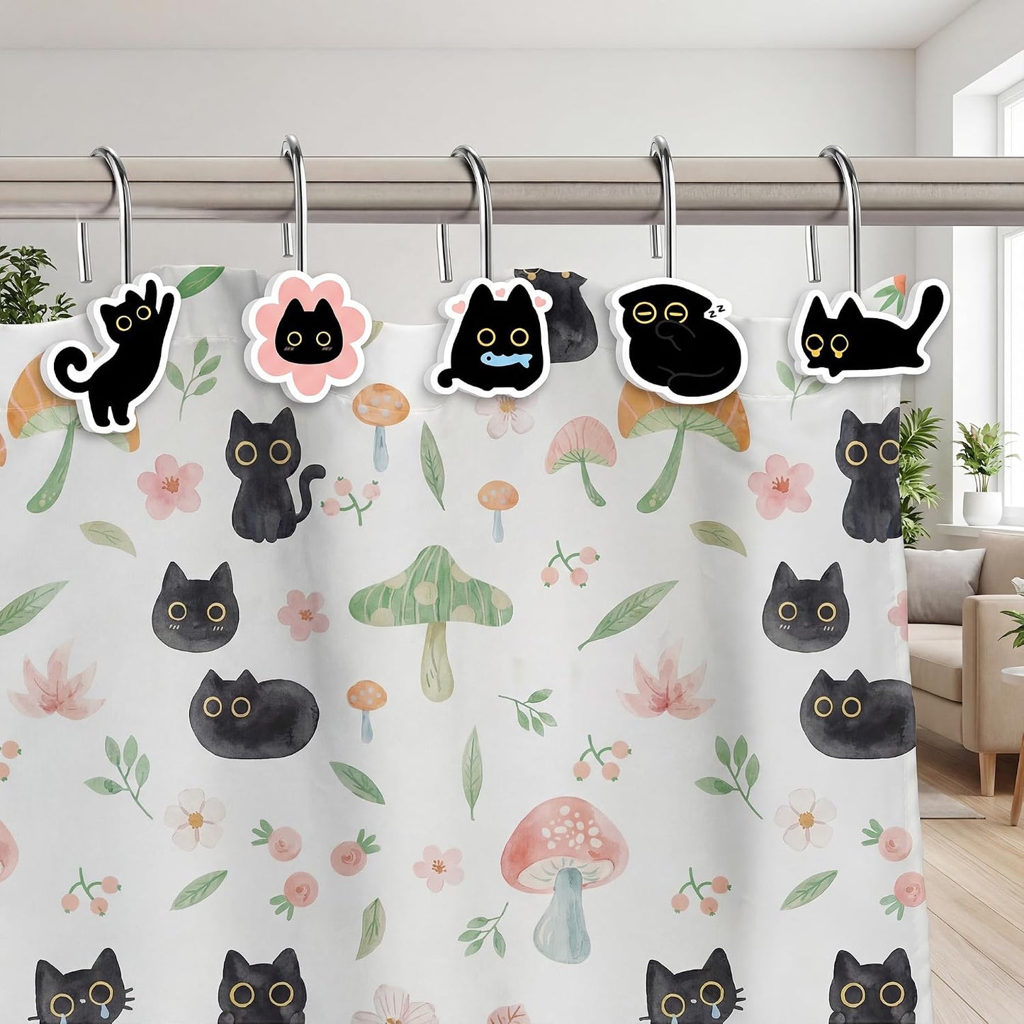 MALLMALL6 12Pcs Black Cat Shower Curtain Hooks Metal Rustproof Funny Decorative Pendants with Pink Flower Bread Fish for Bathroom Bedroom Room Home Lovely Decor Accessories Stainless Curtain Rings