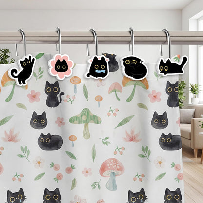 MALLMALL6 12Pcs Black Cat Shower Curtain Hooks Metal Rustproof Funny Decorative Pendants with Pink Flower Bread Fish for Bathroom Bedroom Room Home Lovely Decor Accessories Stainless Curtain Rings