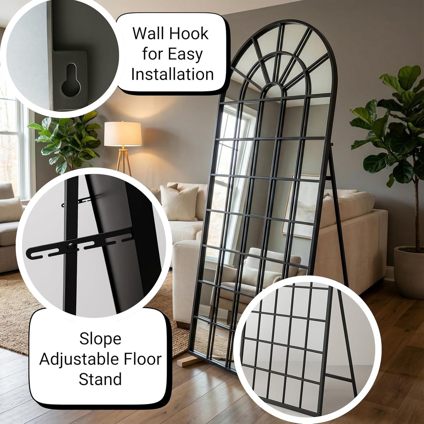 70x30Inch Large Arched Window Pane Mirror| Black Arched Mirrors for Wall & Floor | Arch Mirror Full Length for Entryway Living Room & Bedroom | Oversized Mirrors | Wall Art Decorative |Farmhouse Décor