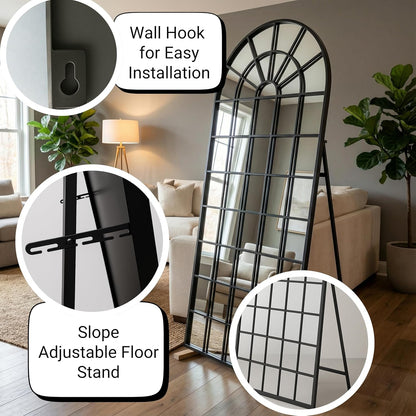 70x30Inch Large Arched Window Pane Mirror| Black Arched Mirrors for Wall & Floor | Arch Mirror Full Length for Entryway Living Room & Bedroom | Oversized Mirrors | Wall Art Decorative |Farmhouse Décor