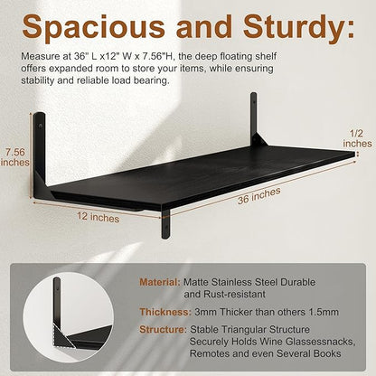 36 Inch Black Floating Shelves Wall Mounted, 12 Inch Deep Wall Shelves - Image 3