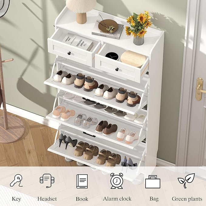 Shoe Cabinet with 3 Flip Drawers & 2 Storage Drawers, Rustic Farmhouse Narrow - Image 5