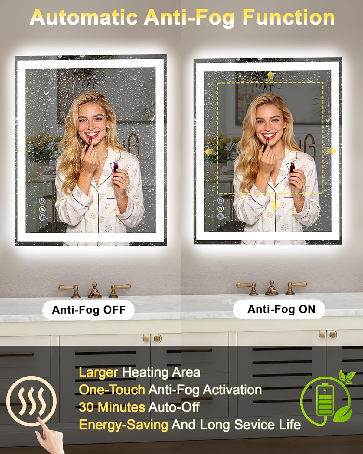 24x32 LED Bathroom Mirror, 6000LM, Separate Front and Back Lights | UL Certified,Shatter-Resistant Tempered Glass,Auto-Off Defogger,3 Color Modes,Smooth Dimming,Smart Memory Setting