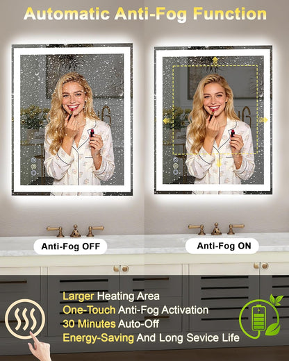 24x32 LED Bathroom Mirror, 6000LM, Separate Front and Back Lights | UL Certified,Shatter-Resistant Tempered Glass,Auto-Off Defogger,3 Color Modes,Smooth Dimming,Smart Memory Setting