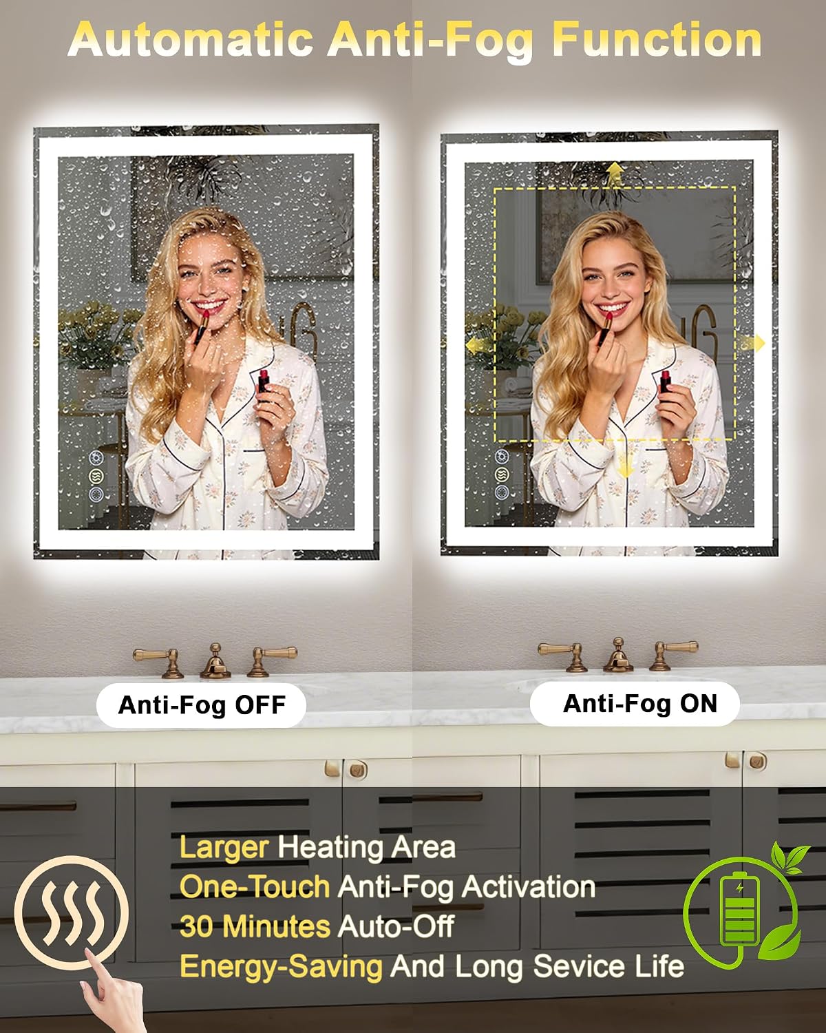 24x30 LED Bathroom Mirror, 6000LM, Separate Front and Back Lights | UL Certified,Shatter-Resistant Tempered Glass,Auto-Off Defogger,3 Color Modes,Smooth Dimming,Smart Memory Setting
