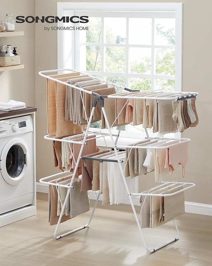 SONGMICS Clothes Drying Rack, Foldable 3-Level Laundry Rack, Free-Standing - Image 2