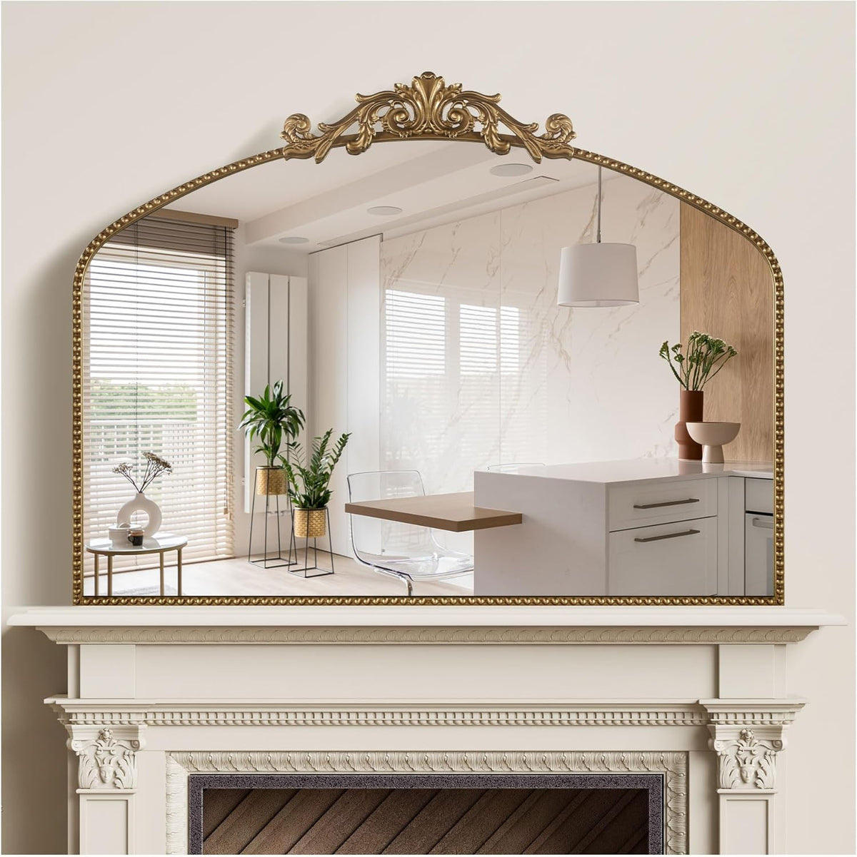 Vintage Gold Baroque Wall Mirror 40"x30", Arched Beaded Frame | Vintage Wide Horizontal Design, Tempered Glass, Ideal for Living Rooms, Entryways, Bathrooms and Above Fireplaces