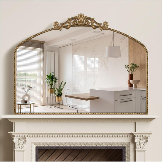 Vintage Gold Baroque Wall Mirror 40"x30", Arched Beaded Frame | Vintage Wide Horizontal Design, Tempered Glass, Ideal for Living Rooms, Entryways, Bathrooms and Above Fireplaces