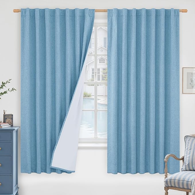 LAMIT 100% Blackout Linen Curtains 63 Inches Long, Linen Textured Living Room by LAMIT