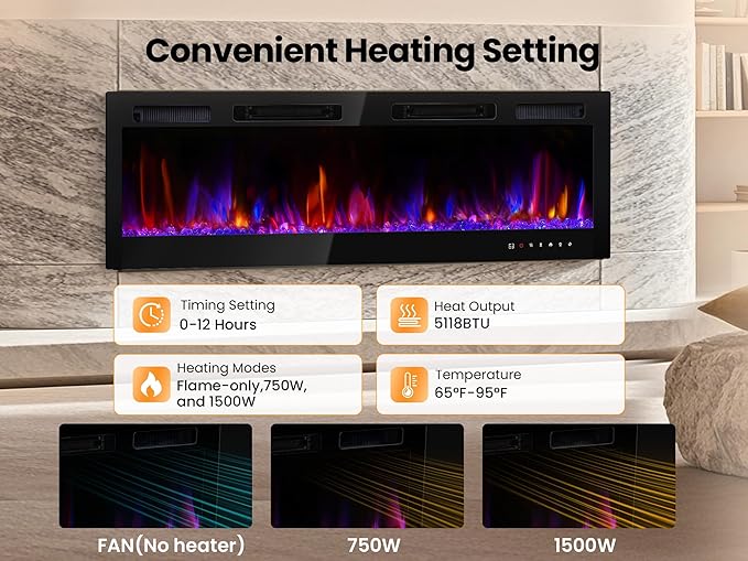 70" Electric Fireplace Realsmart Wall Mounted and Recessed 1500W Fireplaces - Image 4