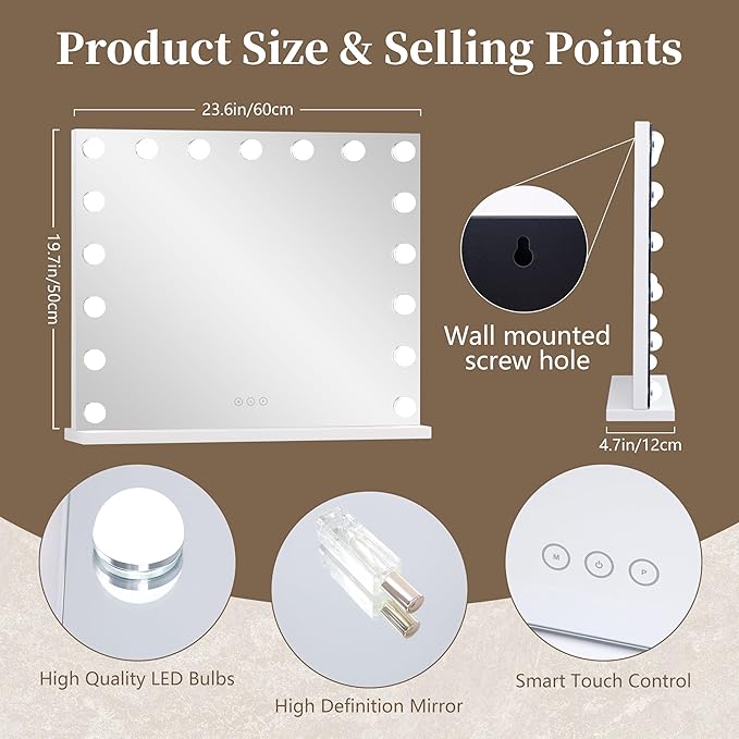 Vanity Mirror with Lights, Makeup Mirror with 17 Dimmable LED Bulbs, 3 Color - Image 7