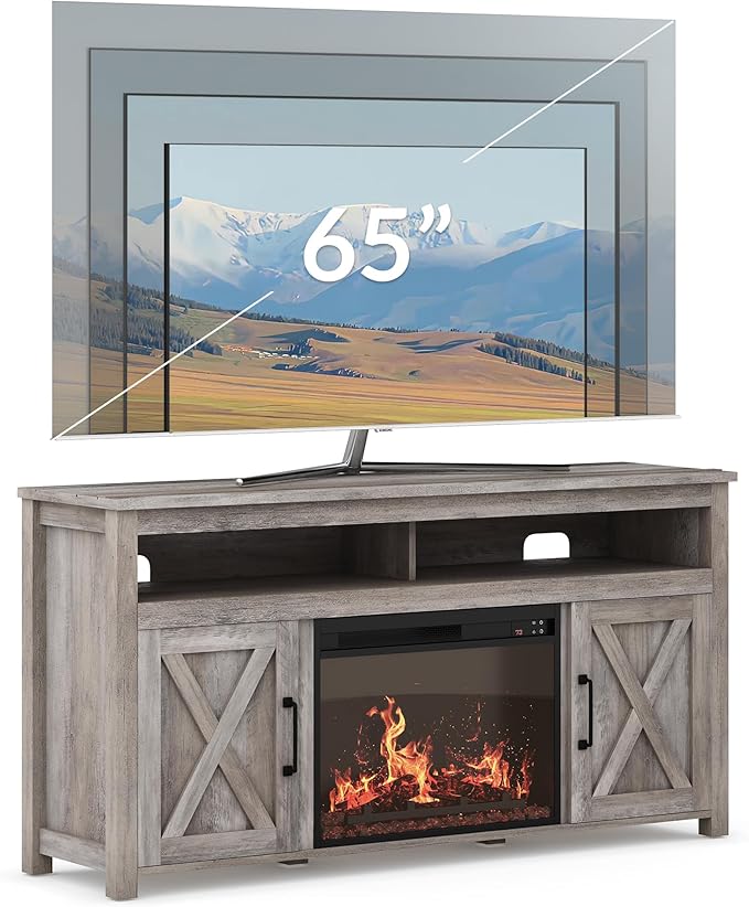 BELLEZE Barn Door Wood Electric Fireplace TV Stand - Image 7