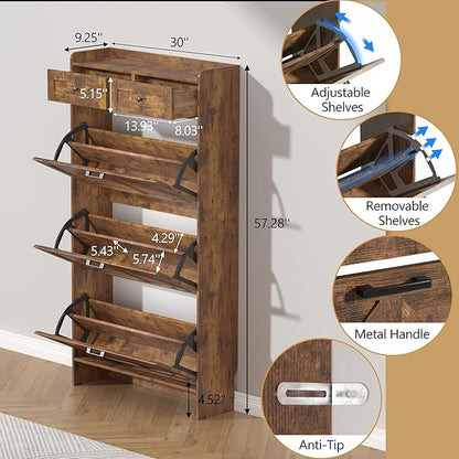 Shoe Cabinet with 3 Flip Drawers & 2 Storage Drawers, Rustic Farmhouse Narrow - Image 6