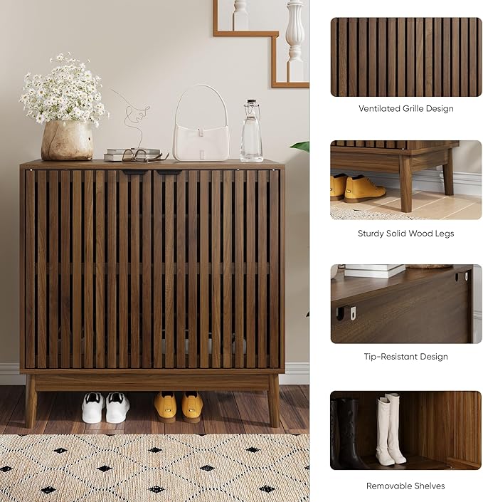 Shoe Storage Cabinet with Ventilated Slatted Doors, Wooden Shoe Organizer - Image 6