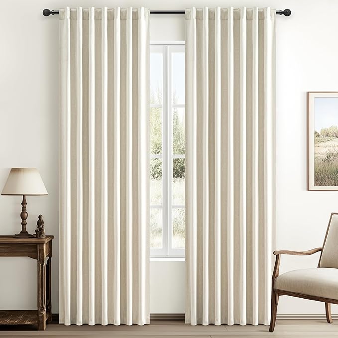 Warm Cream Thick Linen Black Out Curtains 86 Inch Long by QJMYDECO