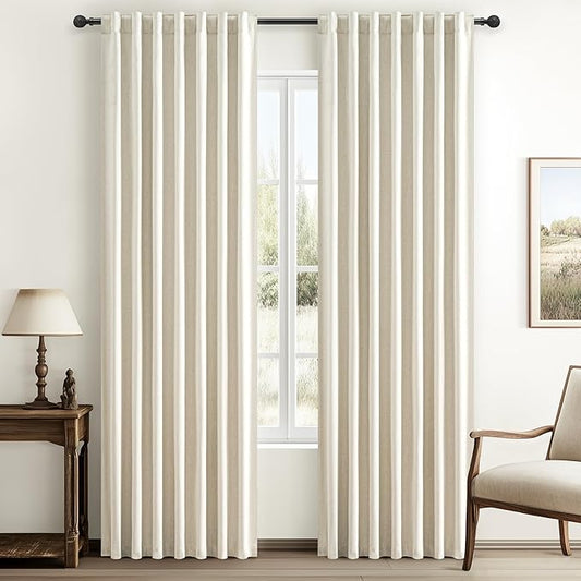 Warm Cream Thick Linen Black Out Curtains 84 Inch Long by QJMYDECO
