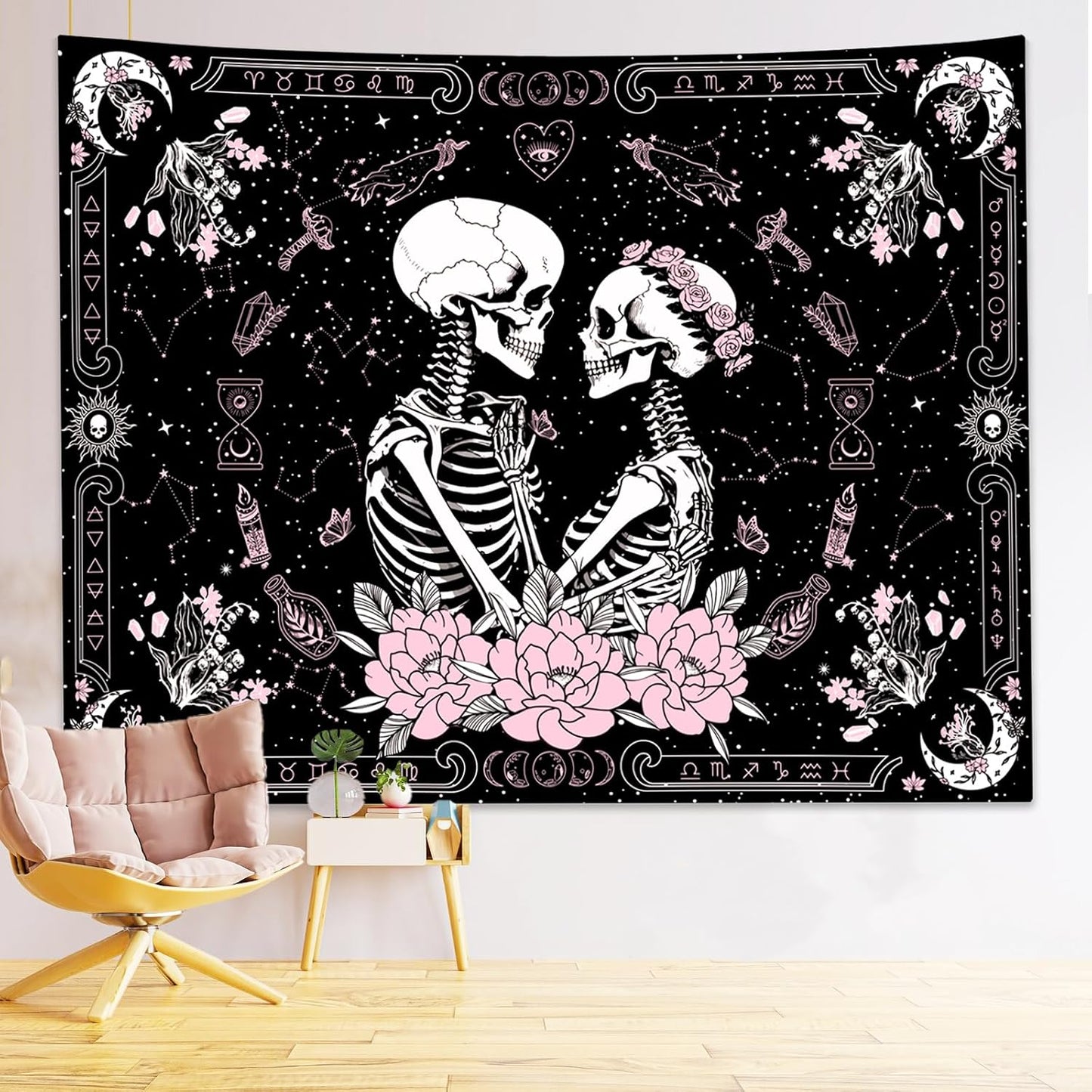 KJHL Black and Pink Gothic Witchy Skull Tapestry 44ʺ x 60ʺ Floral Constellation Skeleton Aesthetic Tapestries Wall Hanging for Bedroom Dorm
