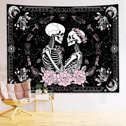 KJHL Black and Pink Gothic Witchy Skull Tapestry 44ʺ x 60ʺ Floral Constellation Skeleton Aesthetic Tapestries Wall Hanging for Bedroom Dorm