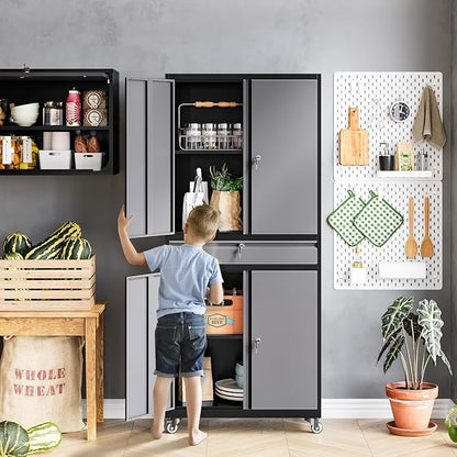 MIIIKO Storage Cabinet with Wheels, Metal Garage Cabinet with Drawer and Doors - Image 4