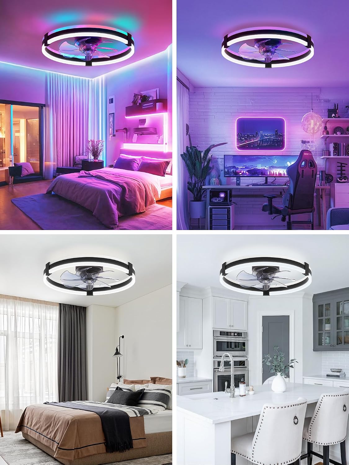 ZMISHIBO 20" RGB Low Profile Ceiling Fans with Lights and Remote, Black
