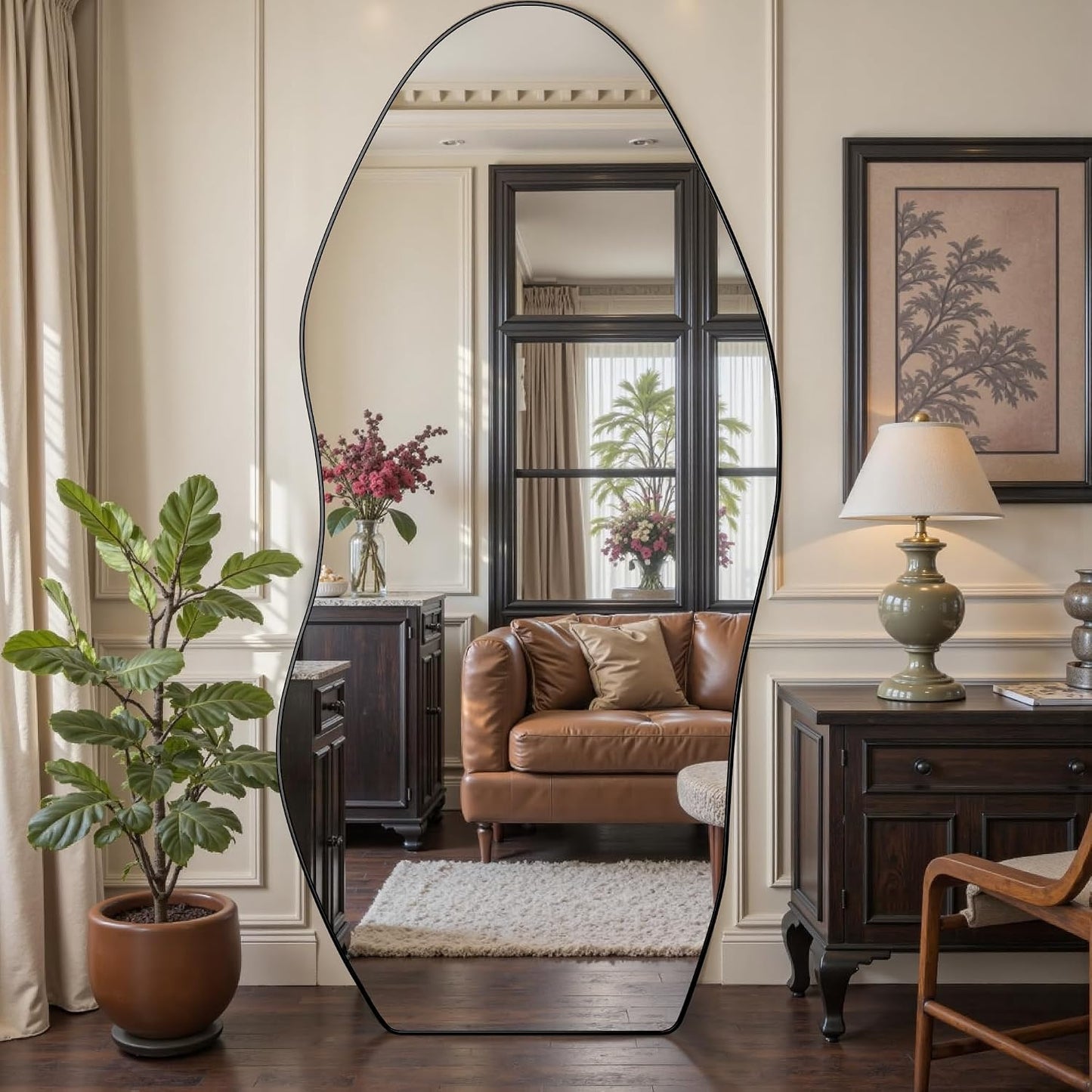 Antok Irregular Full Length Mirror, 76"x36" Asymmetrical Floor Mirror with Stand, Standing Hanging Leaning Irregular Mirrors for Bedroom Living Room Entryway, Wavy Shaped, Black