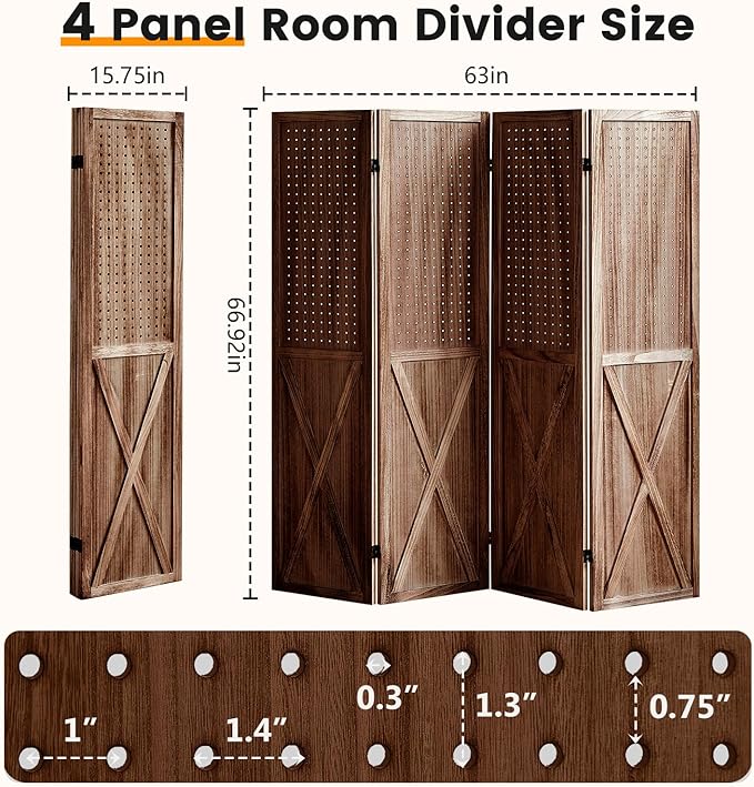 ALeesing 4 Panel Pegboard Wood Room Divider, 5.6Ft Pegboard Display Folding - Image 2